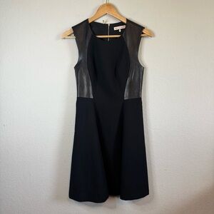 Rebecca Taylor Sleeveless Back Zip Leather Trim Mixed Media Black Mini Dress LBD